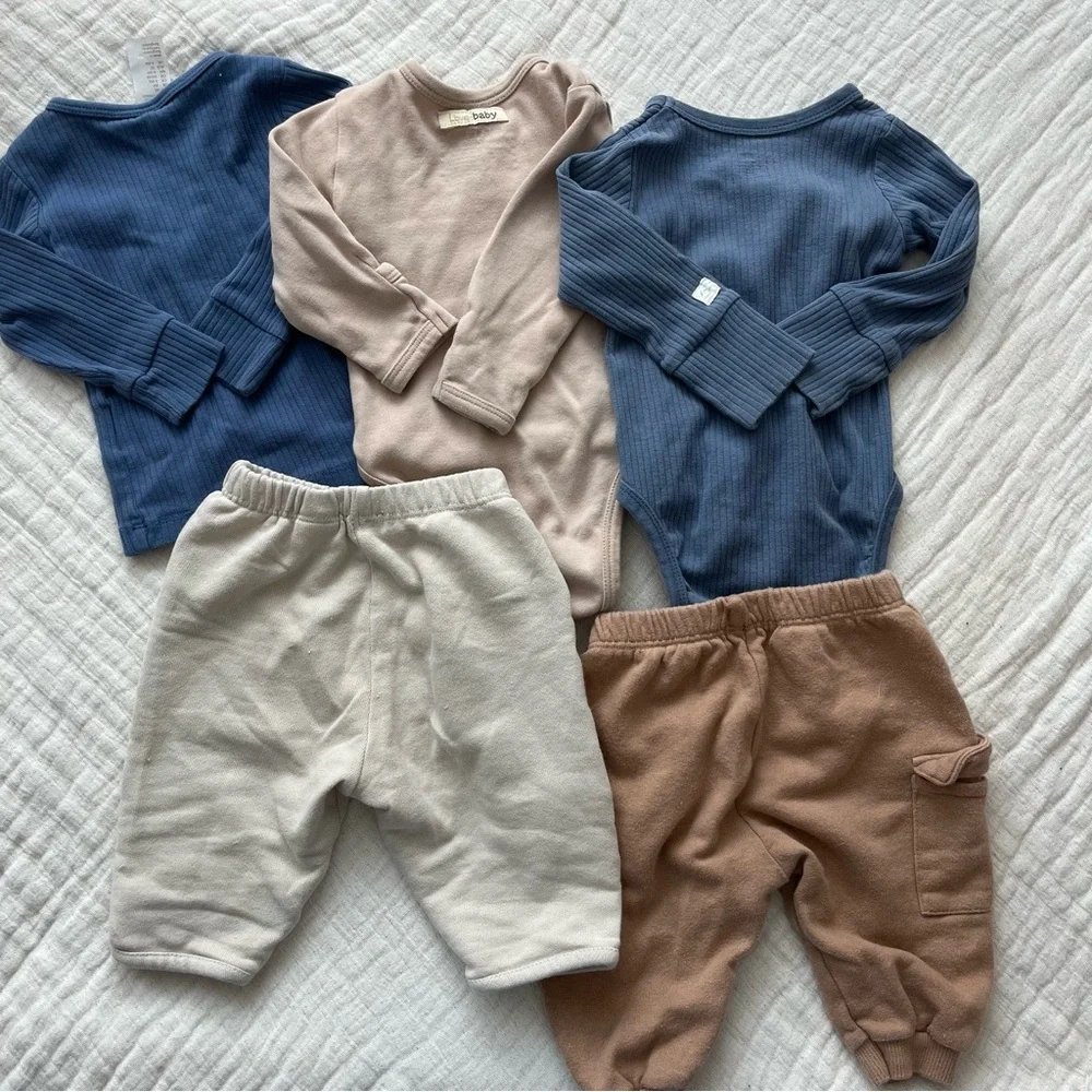 Zara + H&M + L’ovedbaby ribbed kimono bodysuit + plush sweat pants baby boy set